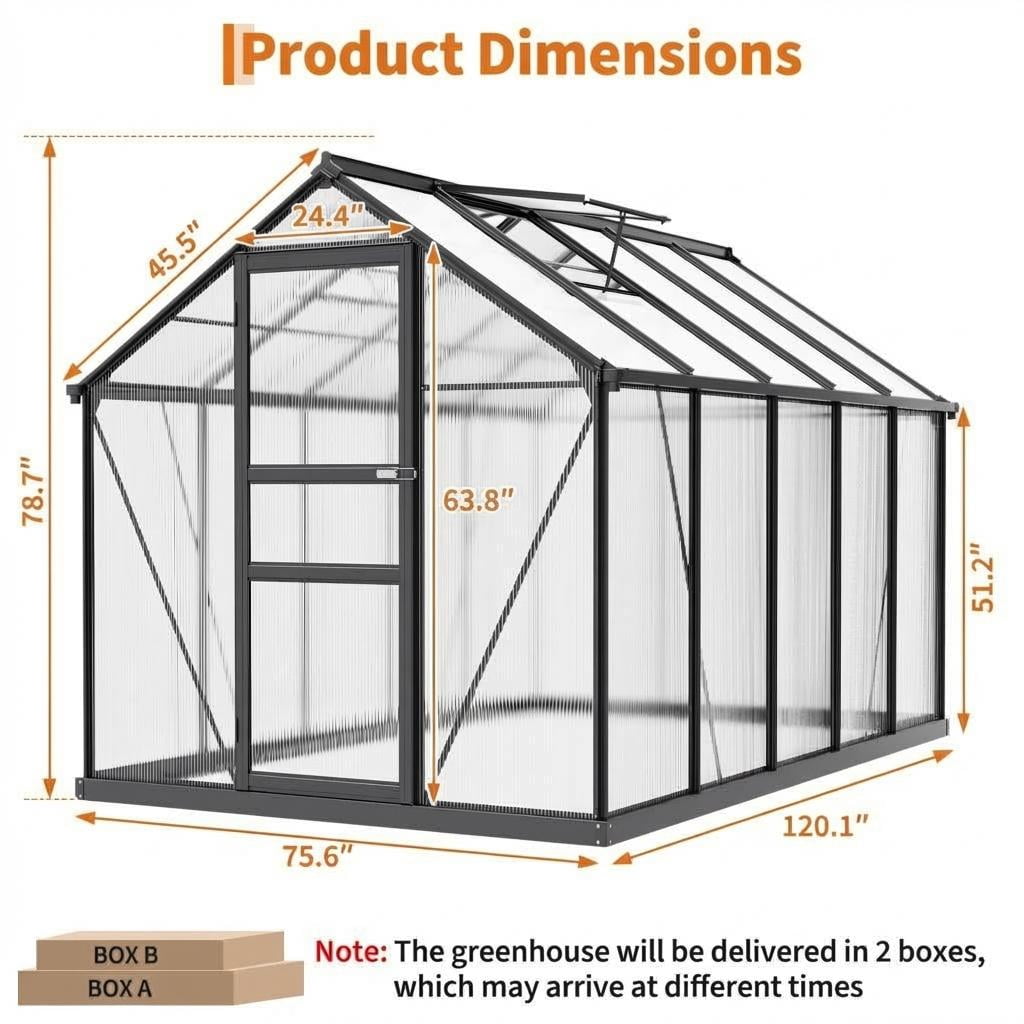 8x10FT Walk-In Aluminum Greenhouse, Heavy Duty Polycarbonate, Quick Setup with Roof Vent & Lockable Door for Backyard/Patio