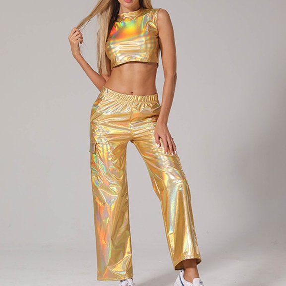Karymi Cute Tops for Women 2 Piece Shiny Stage Set, Mock Neck Sleeveless Crop Tank Top & Elastic Waist Cargo Pocket Wide Leg Long Pants Workout Sets for Women