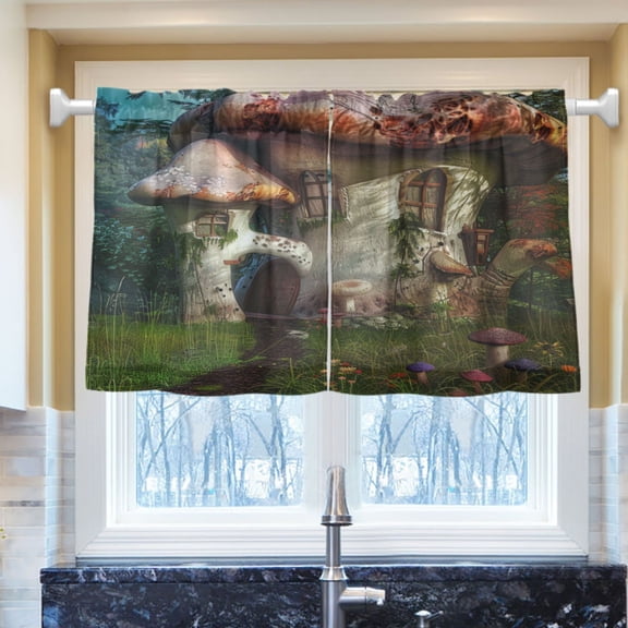Ryvnso Mushroom House Forest Half Curtains Sets Tier 2 Panels Short Curtain Rod Pocket 27"W x 24"L