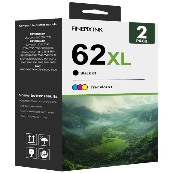 62 62XL Ink Cartridges 2 Pack Compatible for HP 62XL 62 Printer Ink for Envy 5540 5640 5660 7644 7640 5740 5741 8000 8040 OfficeJet 200 250 (Black,Tri-color)