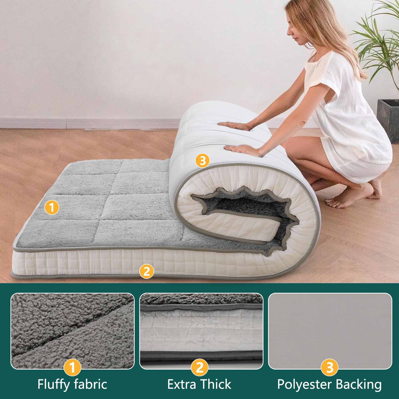 Slsy Sherpa Japanese Floor Mattress, Twin/Full/Queen Size Futon Mattress, 4'' Thicken 2 Sided Tatami Mat, Foldable Tatami Mat Portable Dormitory Sleeping Pad, Roll Up Floor Lounger Bed for Adult Child