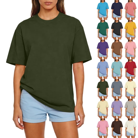 WULMLEO Women's Oversized Crew Neck T-Shirt Army Green Soft Cotton Short Sleeve Tops Casual Loose Fit for Daily Summer Wear Beach Vacation Army Green M