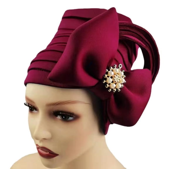 GROFRY Bow Turban Cap Bow Adjustable Women Satin Surface Breathable African Headwrap for Daily Wear