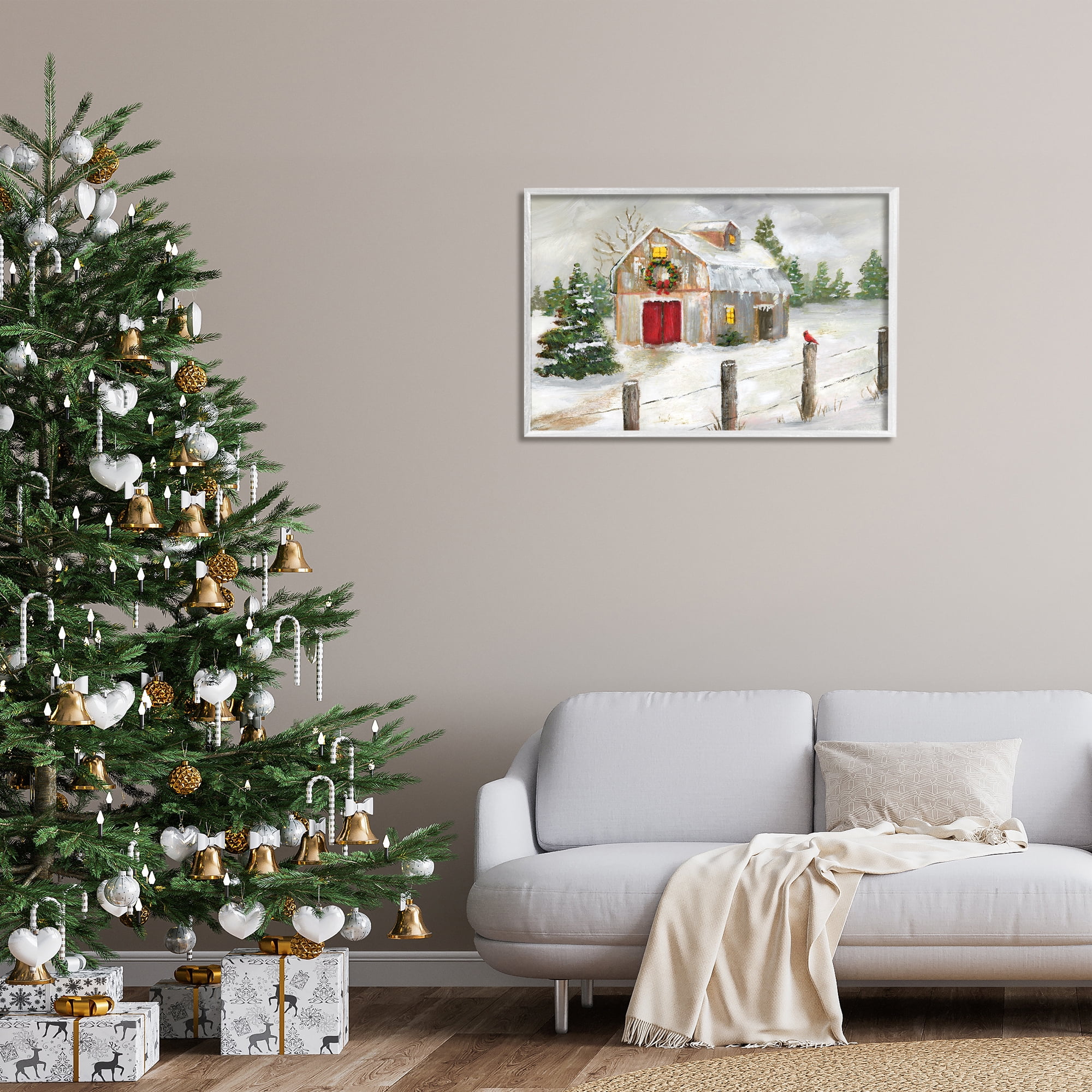Stupell Industries Winter Farmhouse Scene Holiday Painting White Framed Art Prints Wall Art, 30 x 20