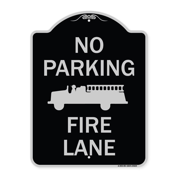 SignMission Designer Series Sign - No Parking Fire Lane with Graphic | Black & Silver 18" x 24" Heavy-Gauge Aluminum Architectural Sign | Protect Your Business & Municipality | Made in