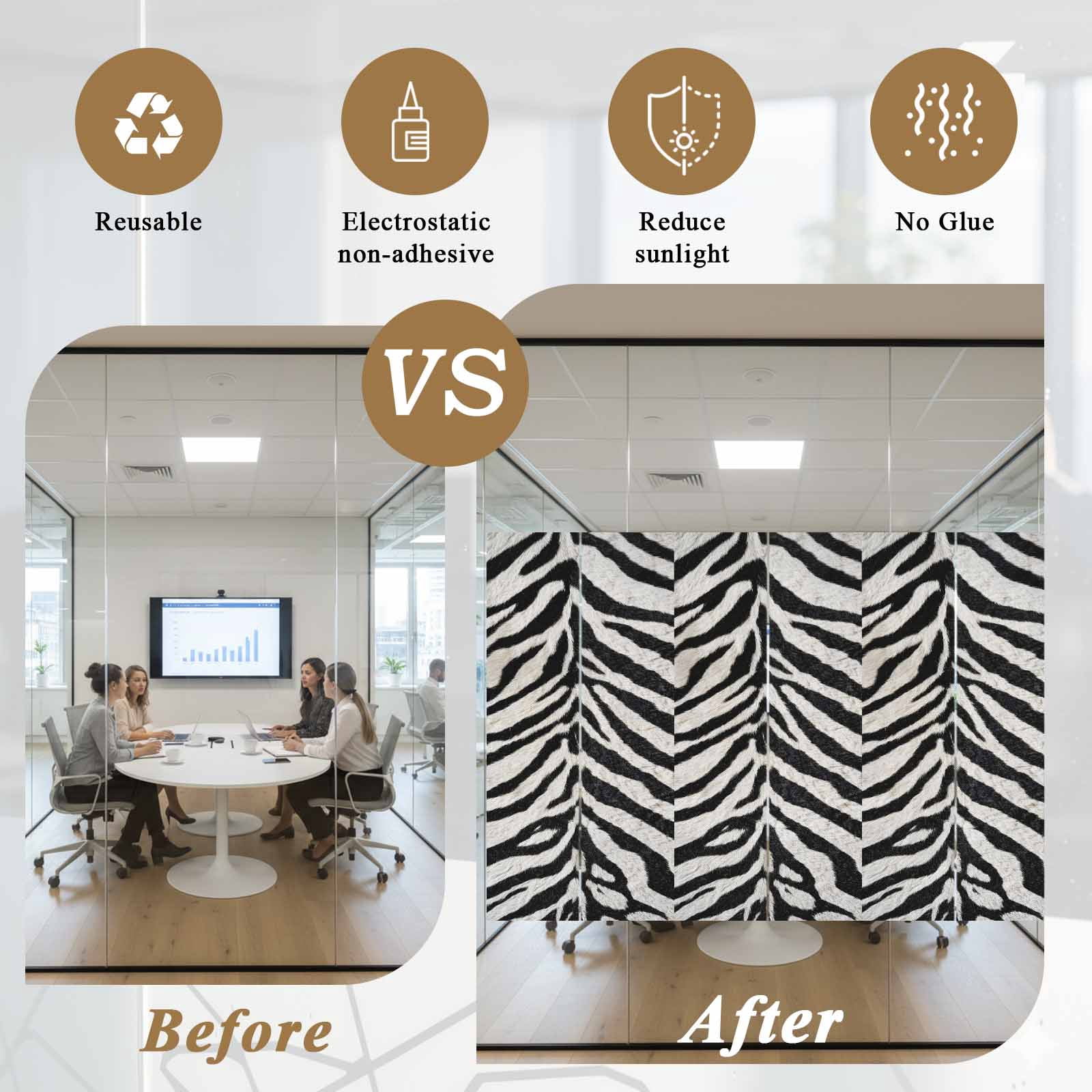 Black White Zebras Window Privacy Film, Vintage Abstract Art Static Cling UV Sun Blocking Tint Film Heat Control Windows Films for Bedroom Bathroom, Window Stickers 23.6"x59"