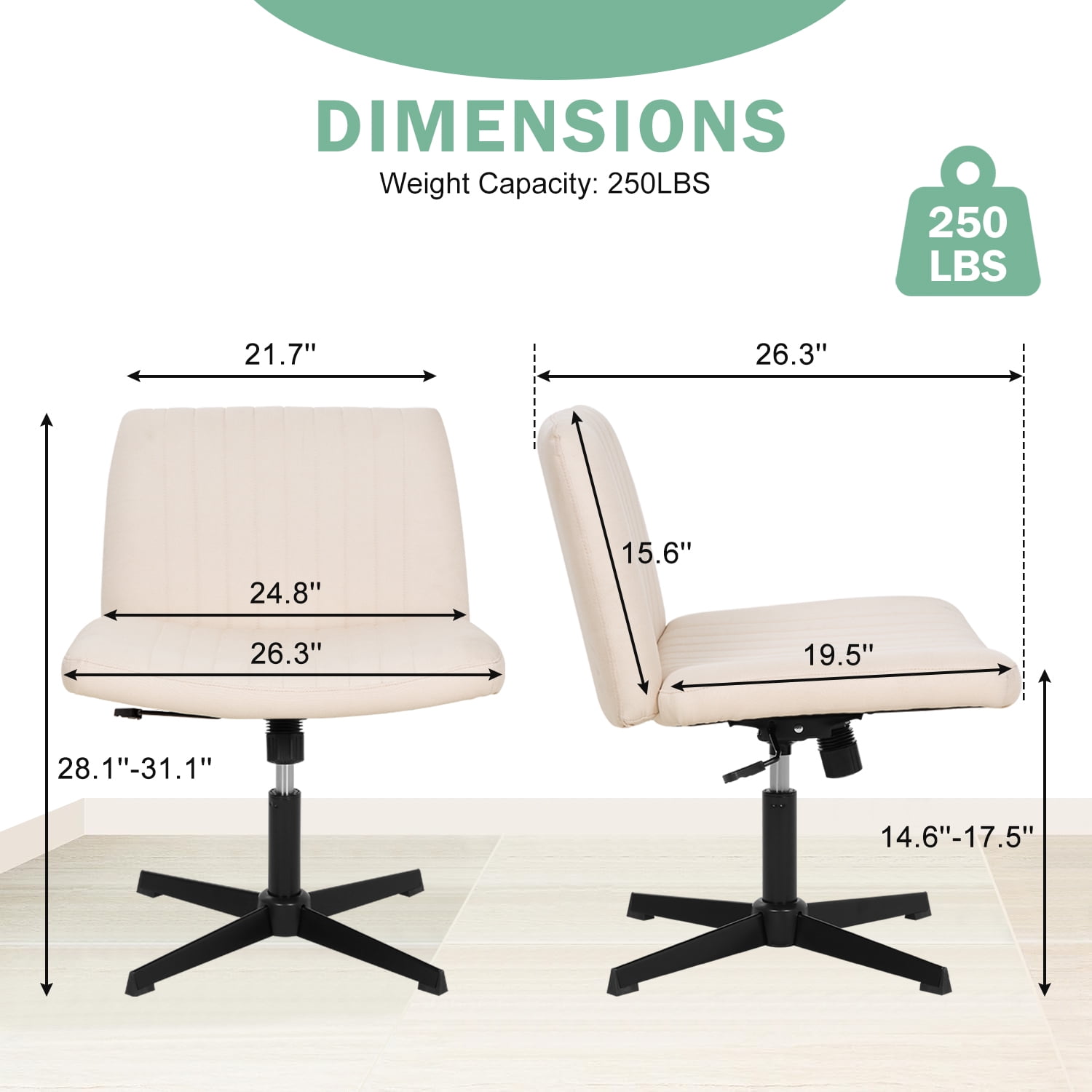NiamVelo Criss Cross Chair, Wide Desk Chair No Wheels Vanity Chair Adjustable Computer Chair Modern Task Chair Armless Office Chair for Adults （Beige）