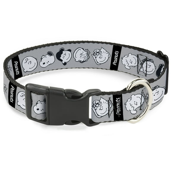 Peanuts Worldwide LLC Pet Collar, Dog Collar Plastic Buckle, Peanuts Gang Expressions Gray Black White, 7 to 8.5 Inches 0.5 Inch Wide
