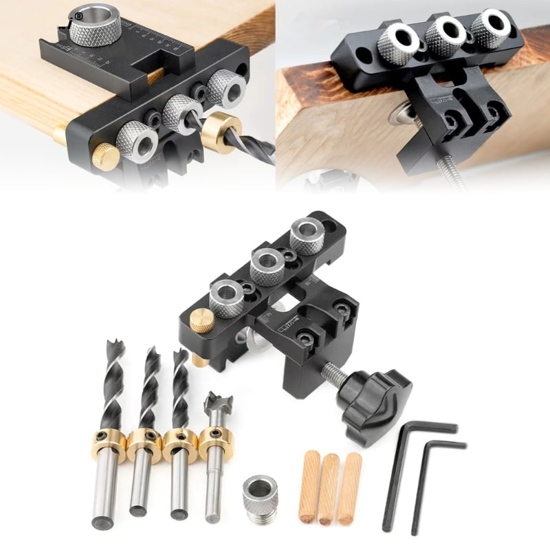 3 in 1 Drilling Locator Puncher Tool,Doweling Jig Drill Kits with 8/10/15mm Hole,Pocket Hole Jig Kits,3 Holes Joints Tool