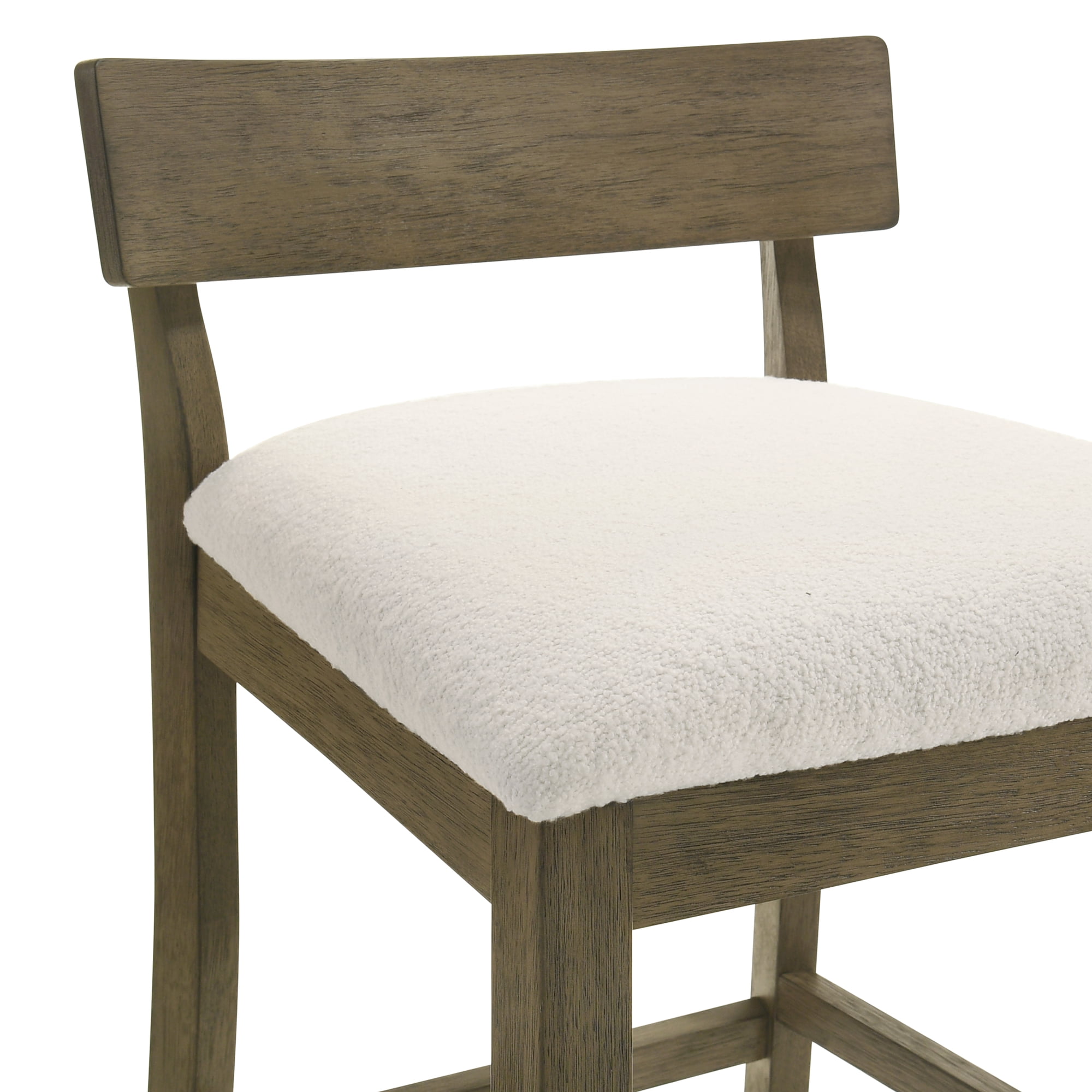 Merie Modern Transitional Wood Bar Height Kitchen Bar Stool in Putty Brown Finish with White Boucle Fabric Upholstered Seat
