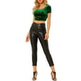 thumbnail image 2 of Unique Bargains Women's Velvet Round Neck Short Sleeve Slim Fit Crop Top M Green, 2 of 6