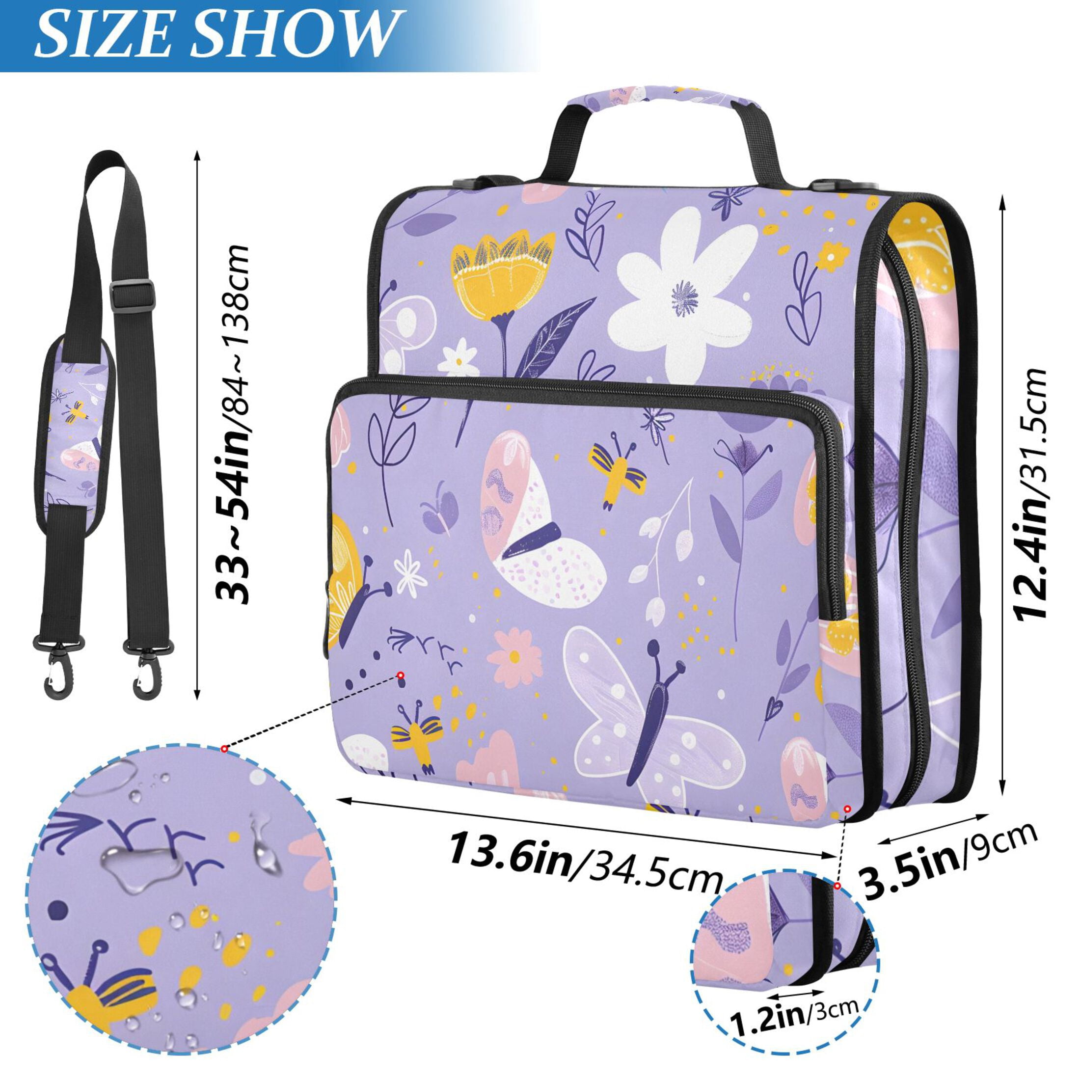 3 Ring Zipper Binder with Shoulder Strap Waterproof Trapper Keeper 2 Inch D-Ring 500 Sheets Capacity Abstract Flowers and Butterflies