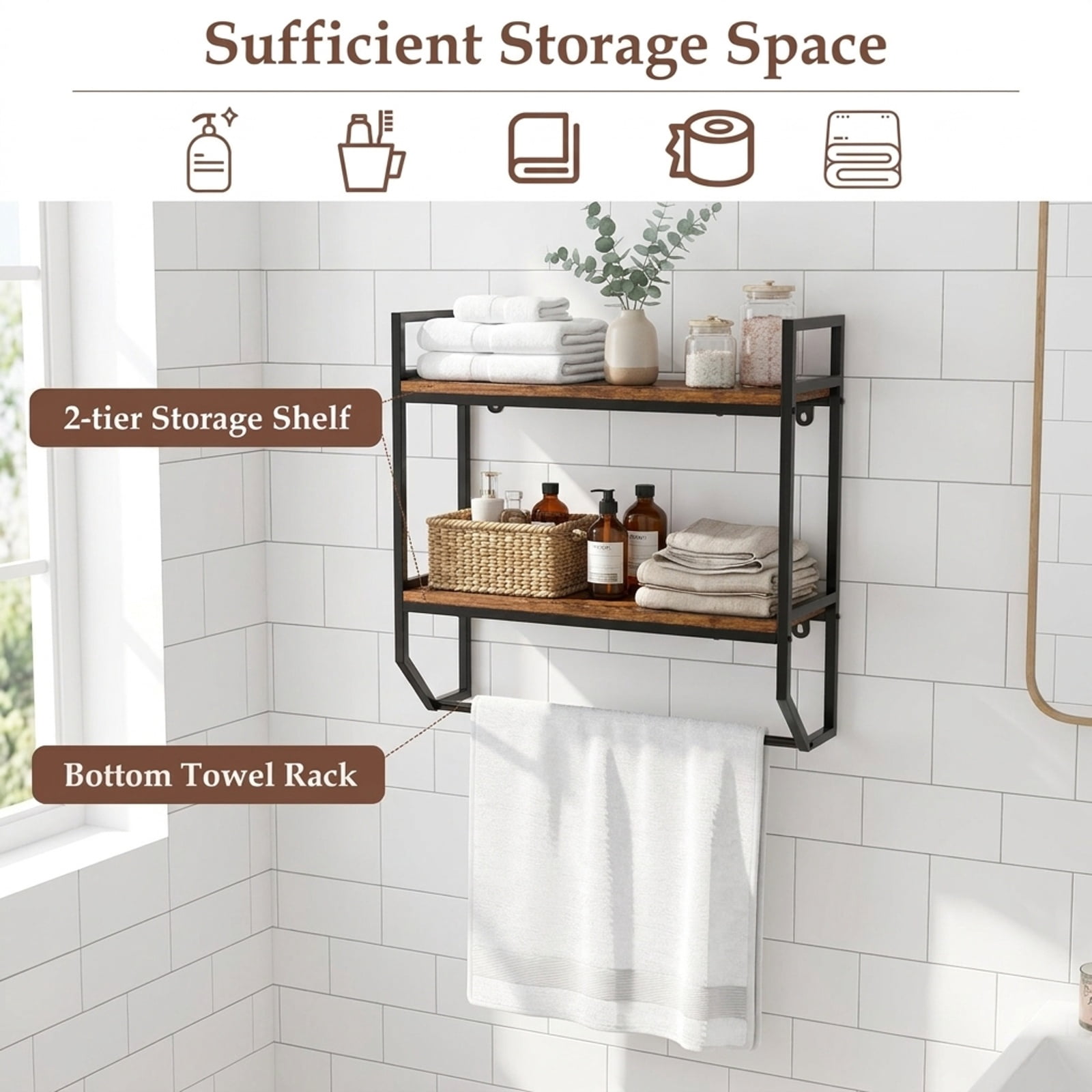 Vebreda Over-the-Toilet Storage Shelf with Metal Frame & Towel Bar, 2-Tier Wall-Anchored Bathroom Space Saver Organizer Rack Above Toilet, Gray