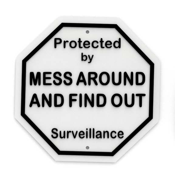 Clever Contraption Funny Sign | Protected by "Mess Around and Find Out" Surveillance - Black & White