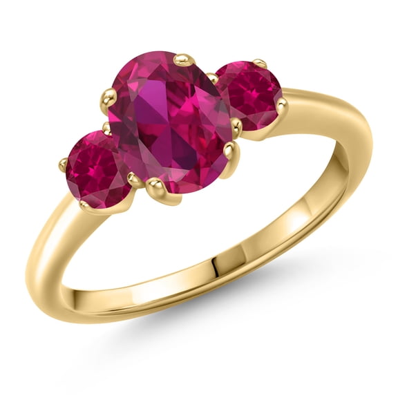 Gem Stone King 10K Yellow Gold Red Created Ruby Engagement Ring for Women | 1.85 Cttw | Oval 8X6MM | Gemstone July Birthstone | Size 7