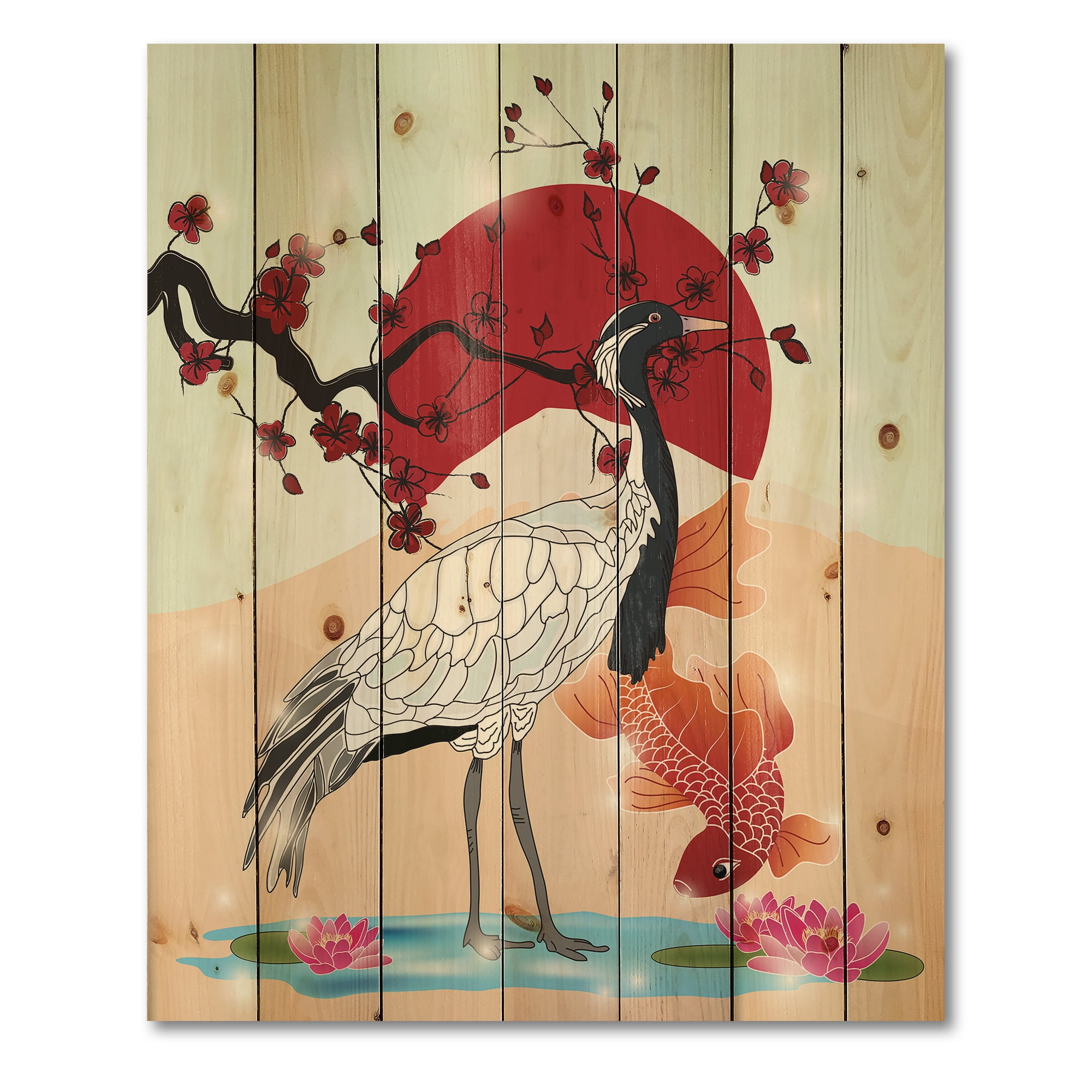 Designart 'Koi Fish With Crane Bird' Farmhouse Print on Natural Pine Wood