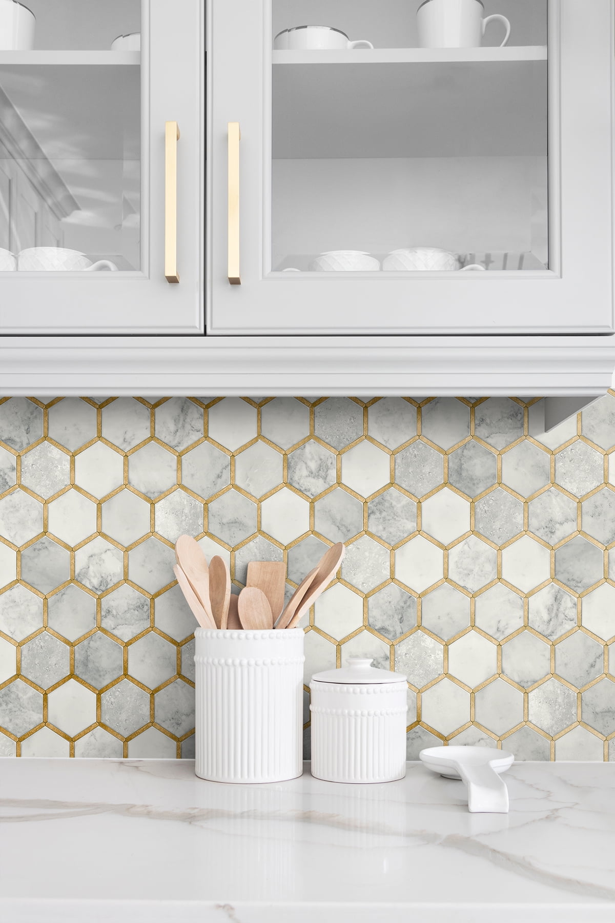 NextWall  Inlay Hexagon Peel and Stick Wallpaper Alaska Grey & Metallic Gold