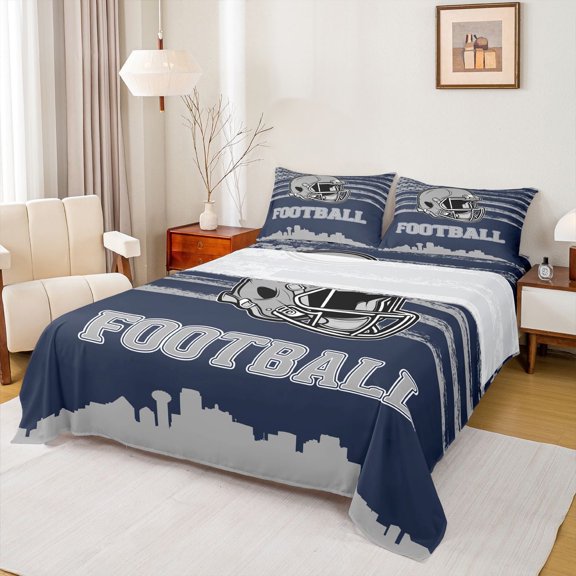 Erosebridal Rugby Helemet Sheet Set Twin,Football City Silhouette Bedding Sets Twin Size,Blue Gray Twin Sheet Sets,Super Cozy Room Decor,3 Pieces