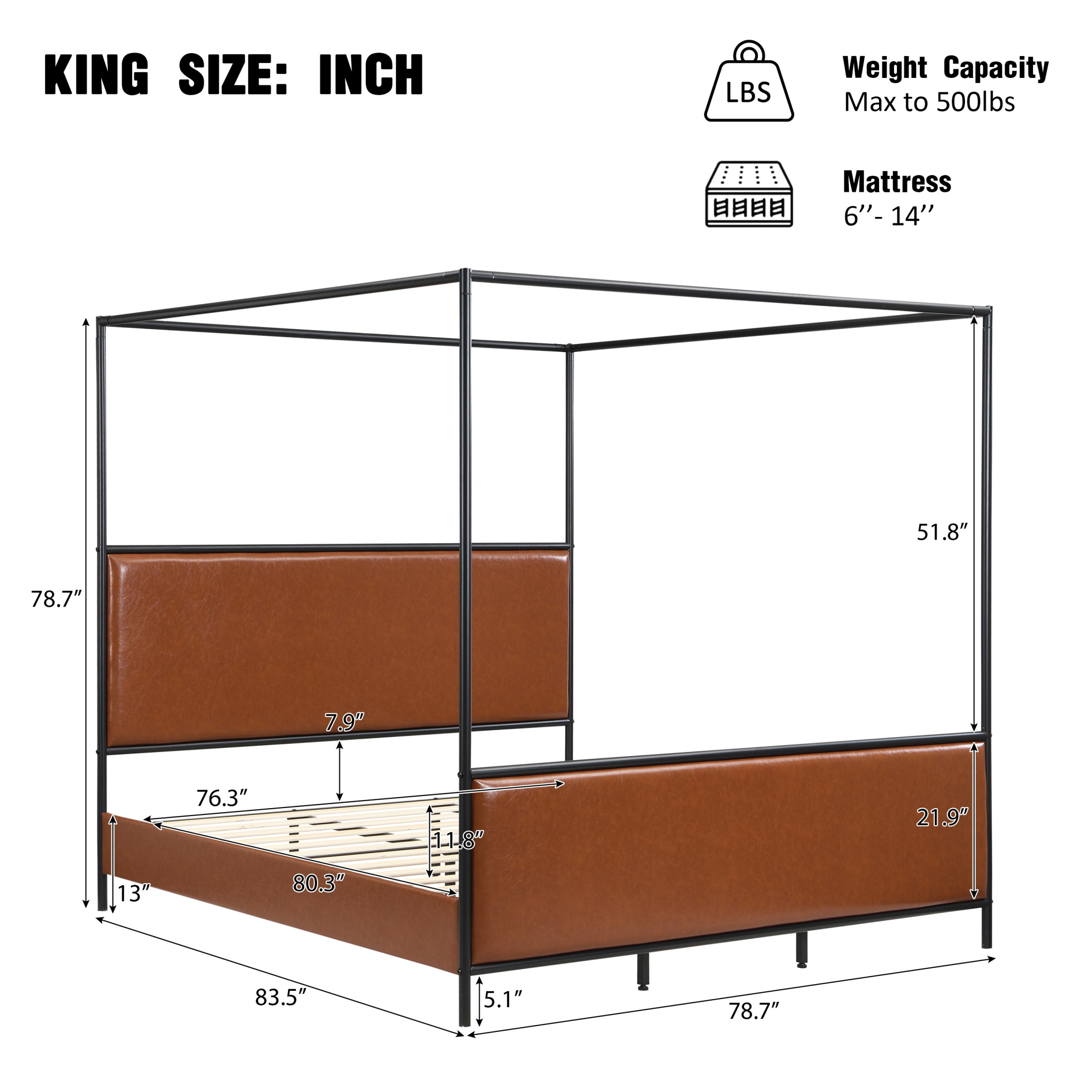 Christopher Knight Home King Size Canopy Bed Frame with PU Upholstered Headboard, Iron Frame, Brown+Black