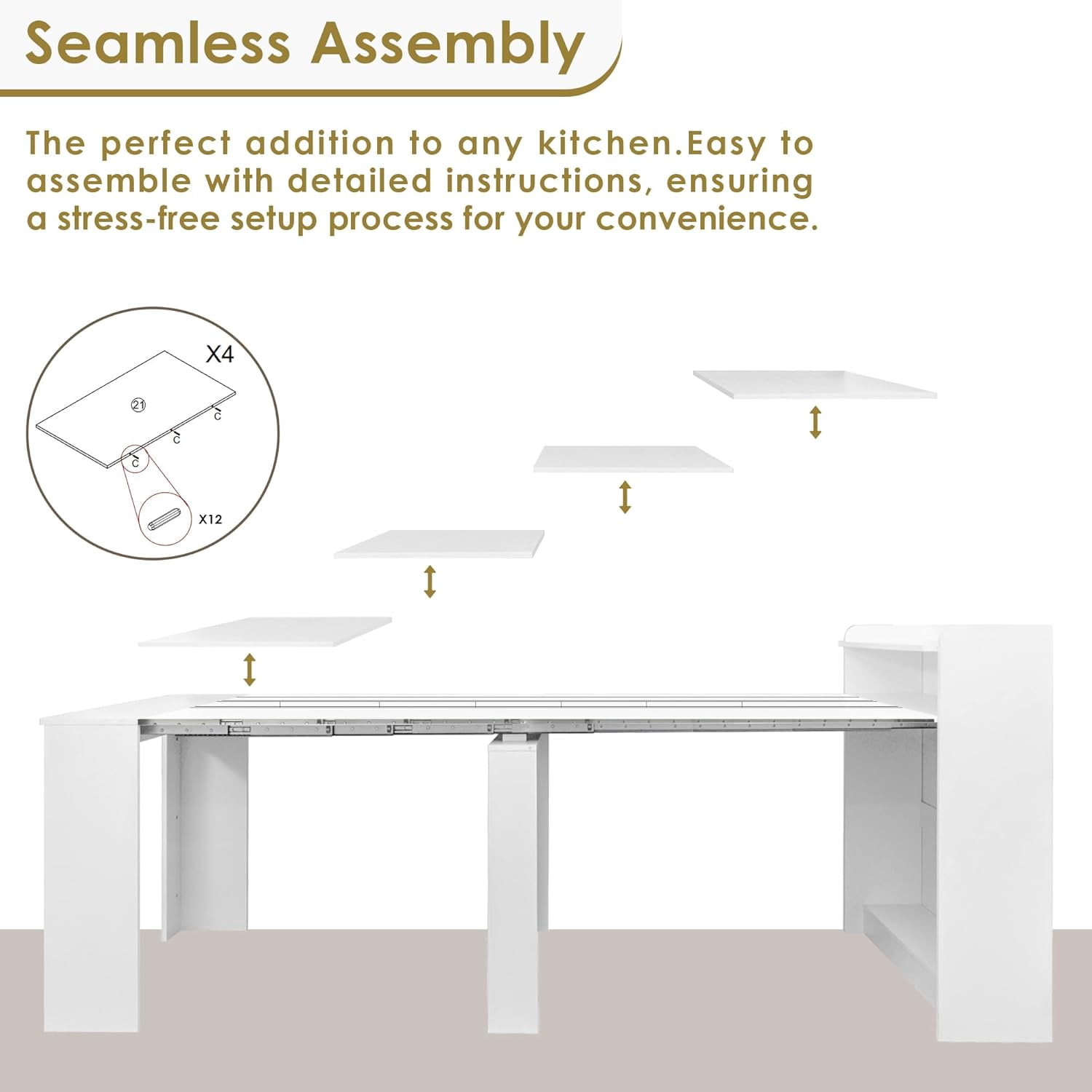 20"-99" White Extendable Dining Table with Storage for 2-10 People, Modern Modular Extension Table, Space-Saving Extra Long Folding Dining Table, Multifunctional Conference Meeting Table