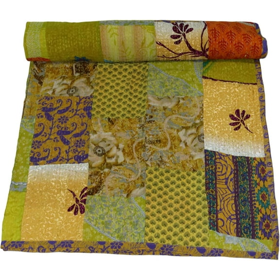 Marusthali indian patchwork quilts hand made quilt cotton bedspread kantha throw quilts silk sari blanket indian handmade cotton quilt throw blanket bedspread gudari (Yellow Patch, Queen)