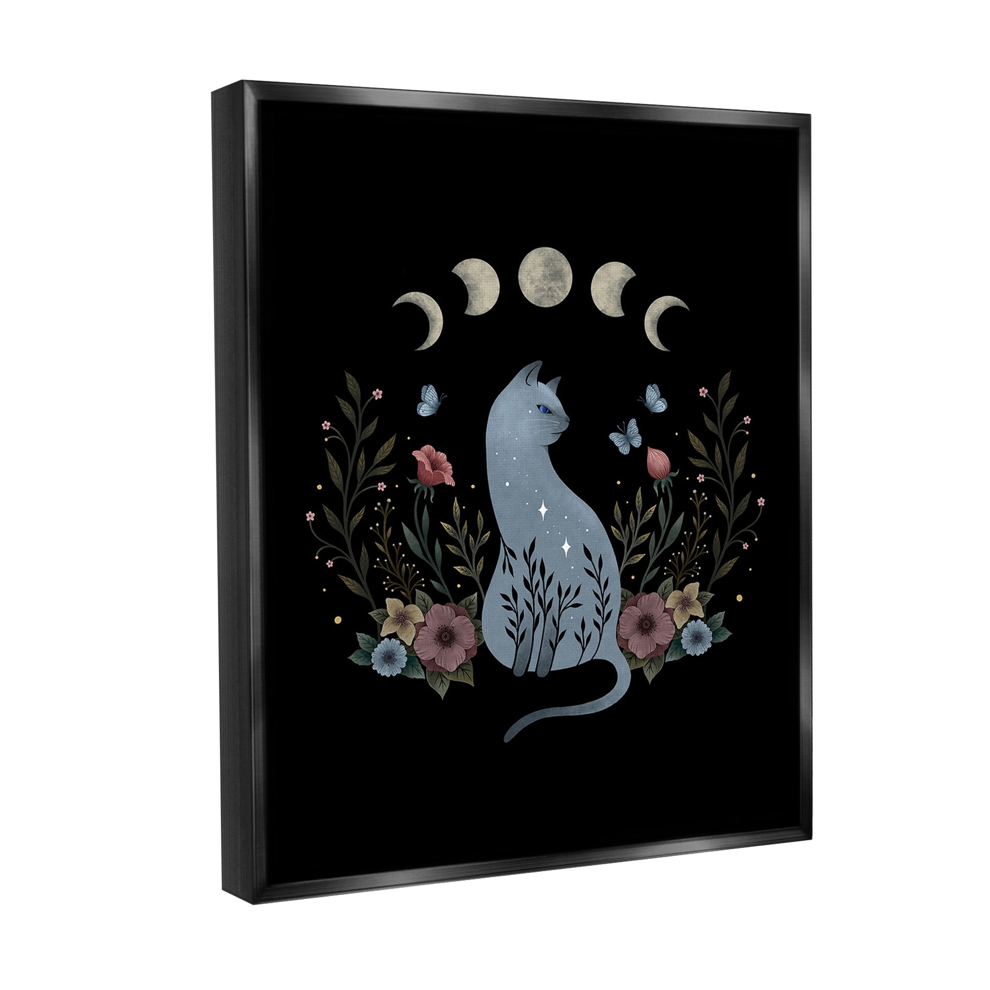 Stupell Industries Cat & Moon Phases Animals & Insects Painting Black Floater Framed Canvas Art Print Wall Art, 17 x 21
