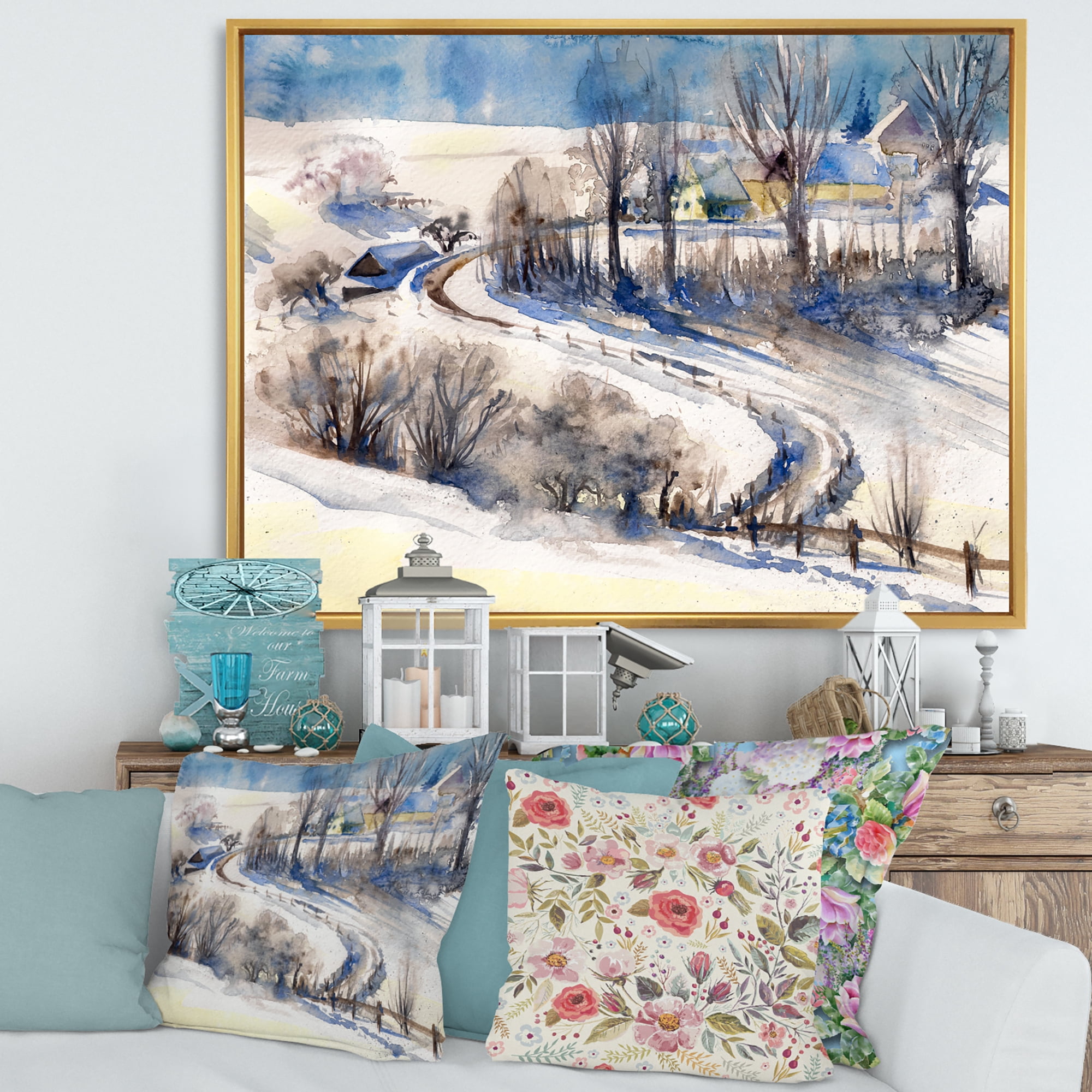Designart 'Country Road In Winter Times Landscape I' Traditional Framed Canvas Wall Art Print