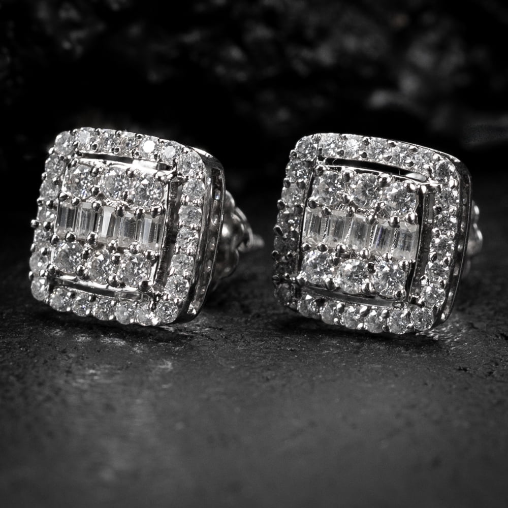 Square White Gold Plated 925 Sterling Silver Screw Back Post Cz Stone Large Iced Hip Hop Micro Pave Iced Baguette Stud  Earrings
