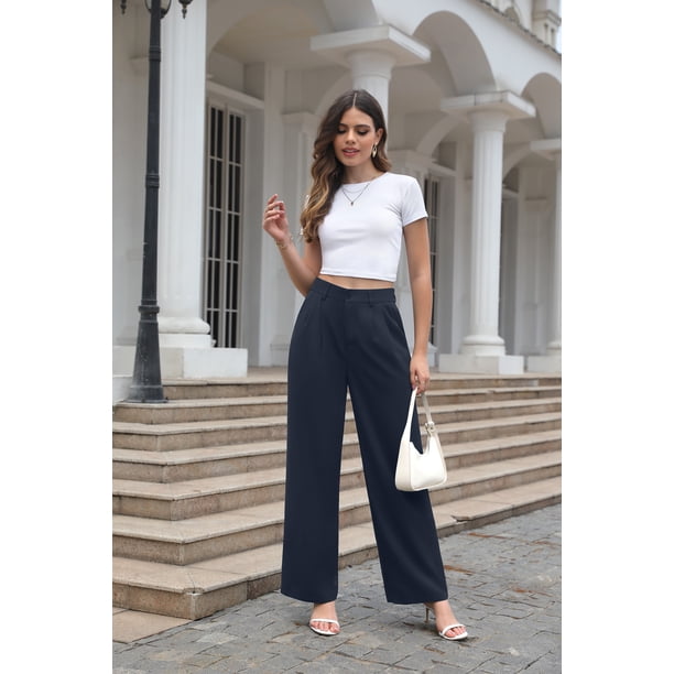 navy blue dress pants women's plus Uvplove Women's Plus Size Work Trousers Loose Wide Leg Business Pants  Breathable Suit Pants Navy Blue-3XL