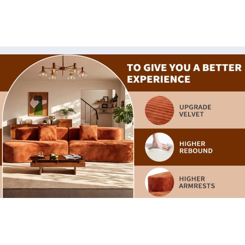 Howcool Boneless Cloud Couch 108.6", Curved Modular Compression Sofa, Deep Seat Corduroy Foam Couch, Sectional Floor Sofa in a Box, No Assembly, 4 Seater, Orange(Thick Sponge)