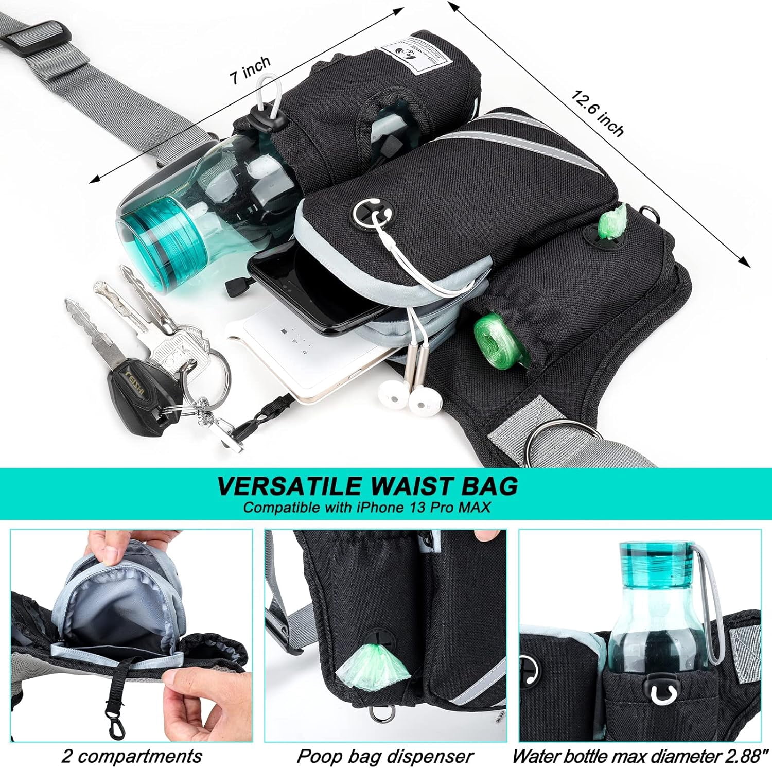 Retractable Hands Free Dog Leash with Dual Bungees for 2 Dogs, Adjustable Waist Belt Fanny Pack, Reflective Stitching Leash for Running Walking Hiking Jogging Biking Black