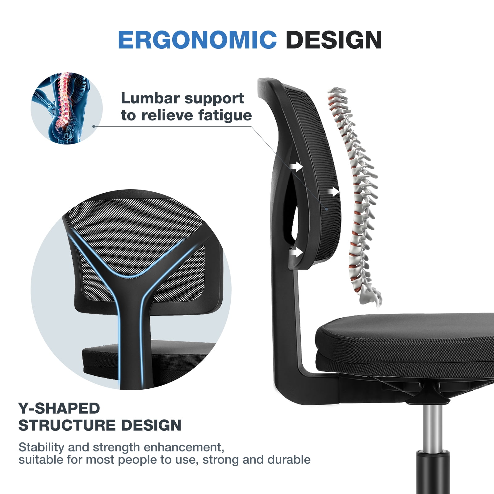 JOINSUN Armless Home Office Desk Chair for Small Space, Adjustable Height, Swivel Rolling Mesh Computer Chair, Black