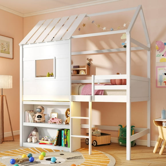 Gymax Twin Size Loft Bed w/ LED Lights & Roof Window & Storage Bookshelf & Guardrails