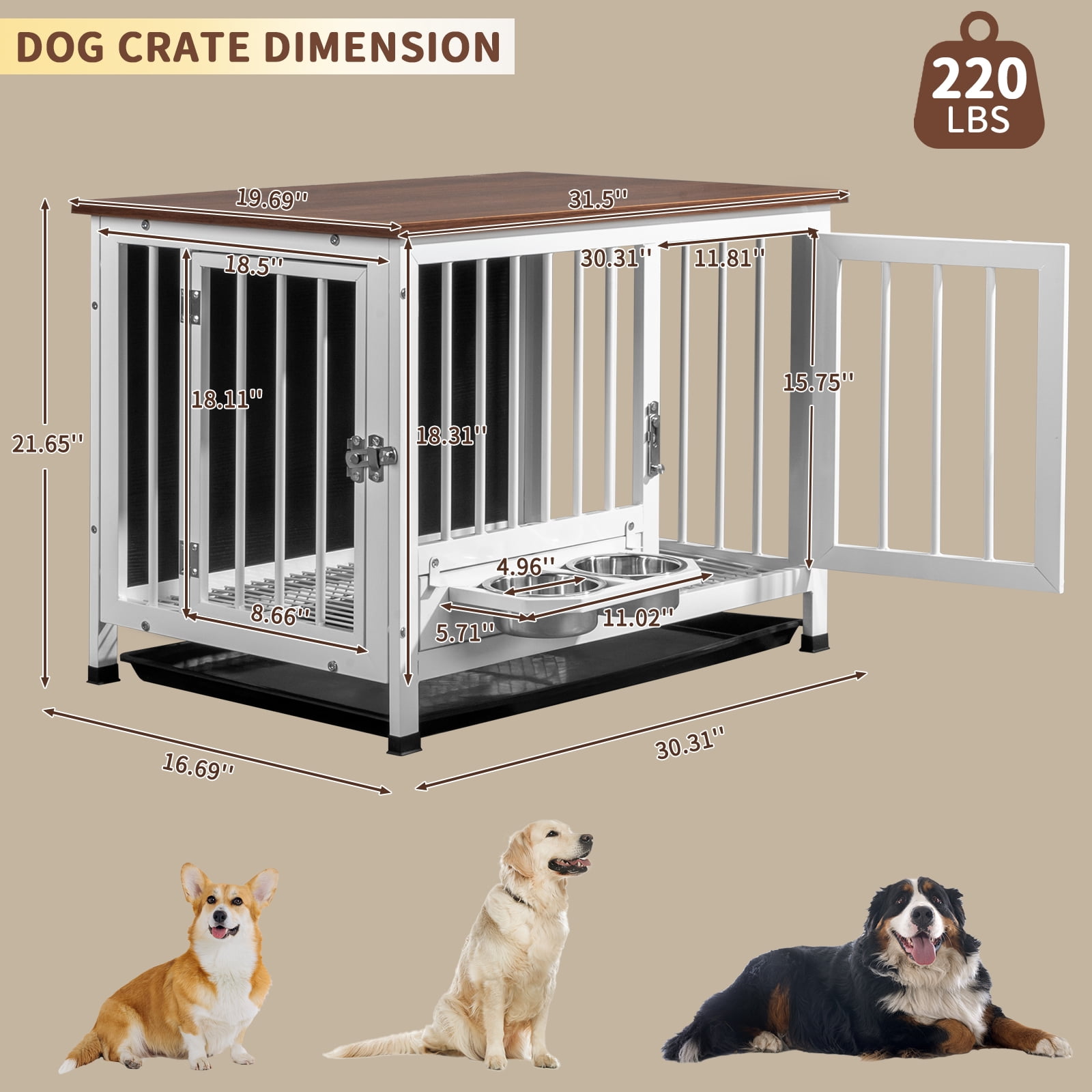 Ktaxon 31in Dog Crate Furniture, Rustic Brown & White Pet End Table with Rotating Feeder