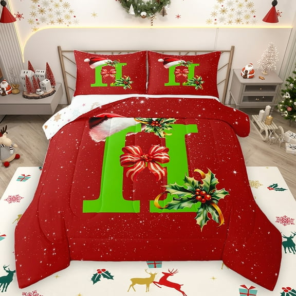 Homewish Xmas Kawaii Letter H Bedding Comforter Set for Teens, Merry Christmas Twin Comforter Sets, Fairy Tale Theme Reversible Bedding Set, Breathable Home Decor, 2pcs