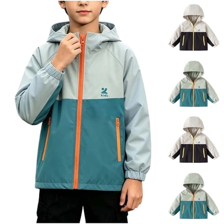 DJDLJWCJ Big Boys Waterproof Jacket with Hood Zip Up Windbreaker Raincoat Solid Color Softshell Long Sleeve Jacket Green Size 5