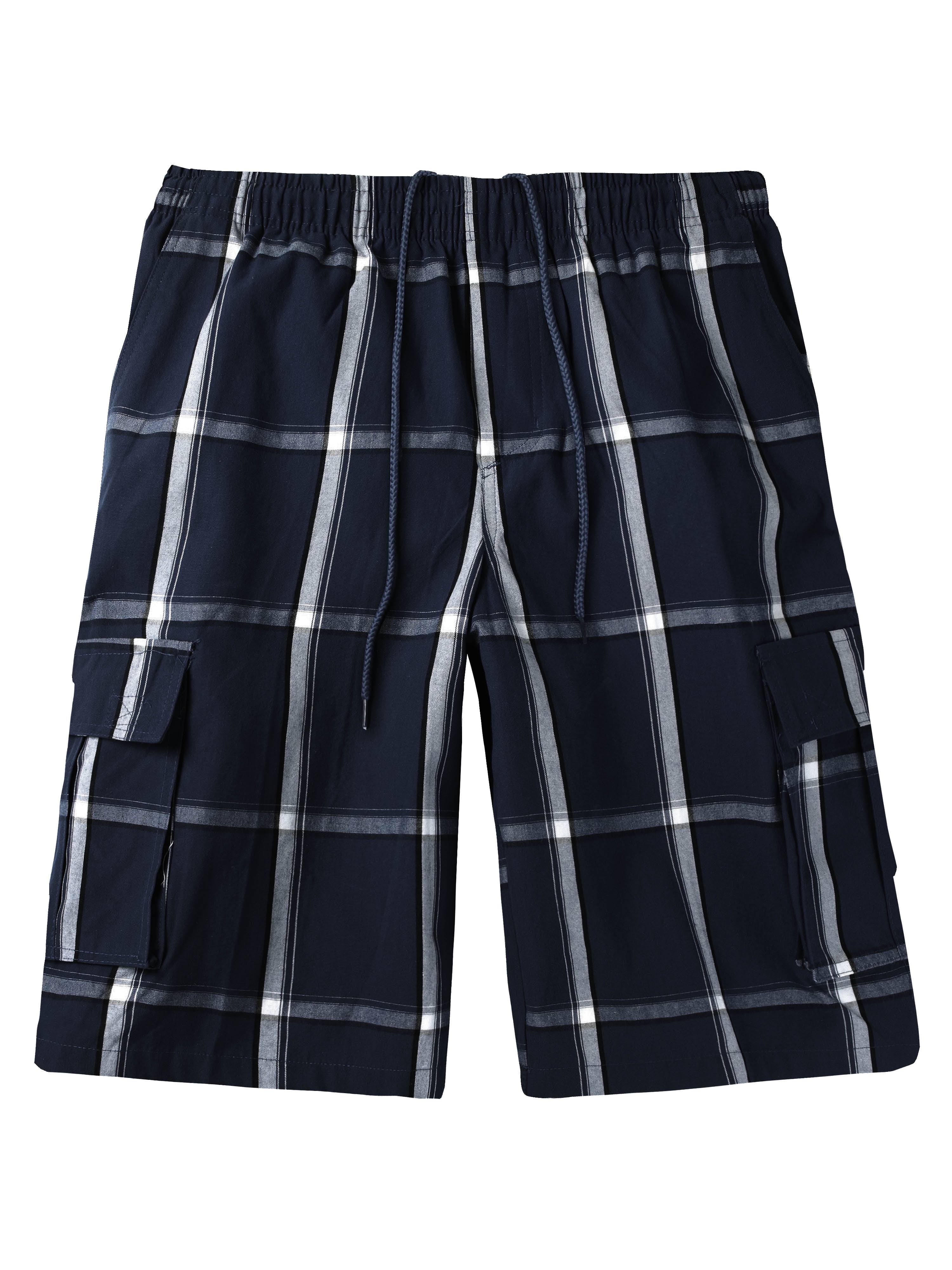 SELX Men Utility Casual Multi-Pockets Outdoor Baggy Plaid Print Cargo Shorts