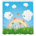 thumbnail image 3 of Wildflower Shower Curtain, Grassy Spring Meadow Butterflies Clouds and Rainbow Graphic, Fabric Bathroom Set with Hooks, 69W X 84L Inches Extra Long, Deep Sky Blue and Multicolor, by Ambesonne, 3 of 3