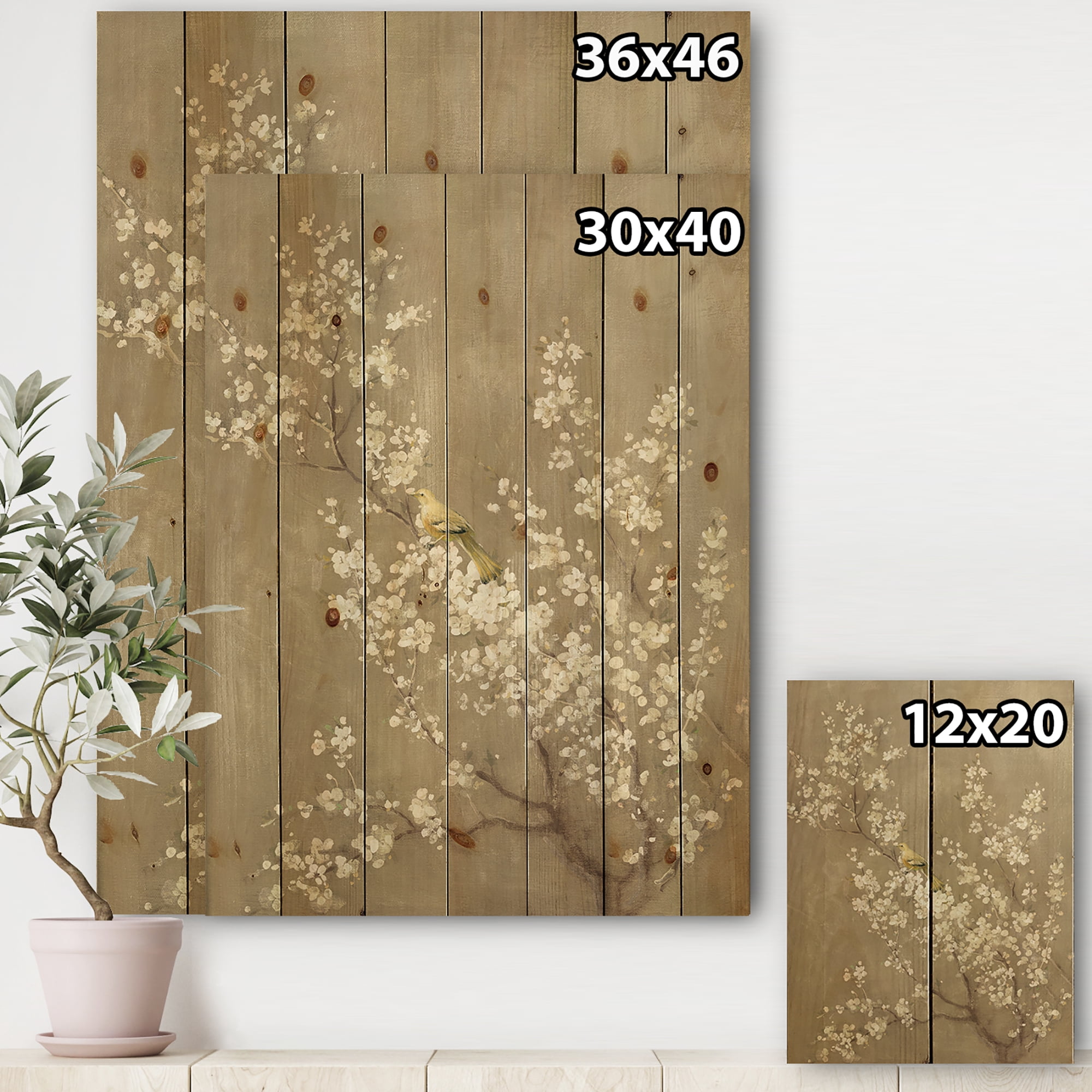 Designart 'White Cherry Blossom III' Farmhouse Print on Natural Pine Wood