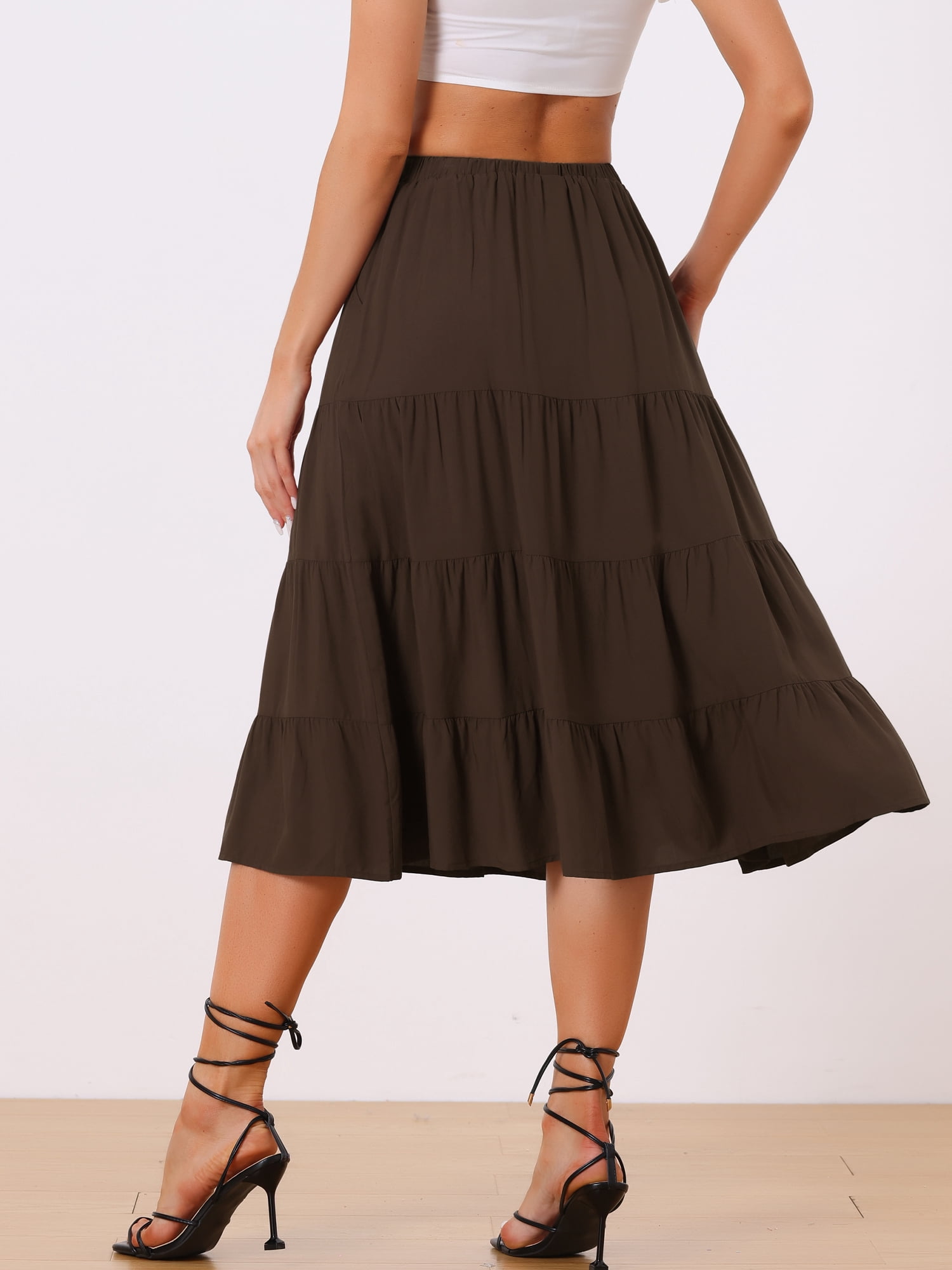 DARING DIVA Women's Flare Tiered Pleated Solid Elastic Waist A-Line Skirt S Brown