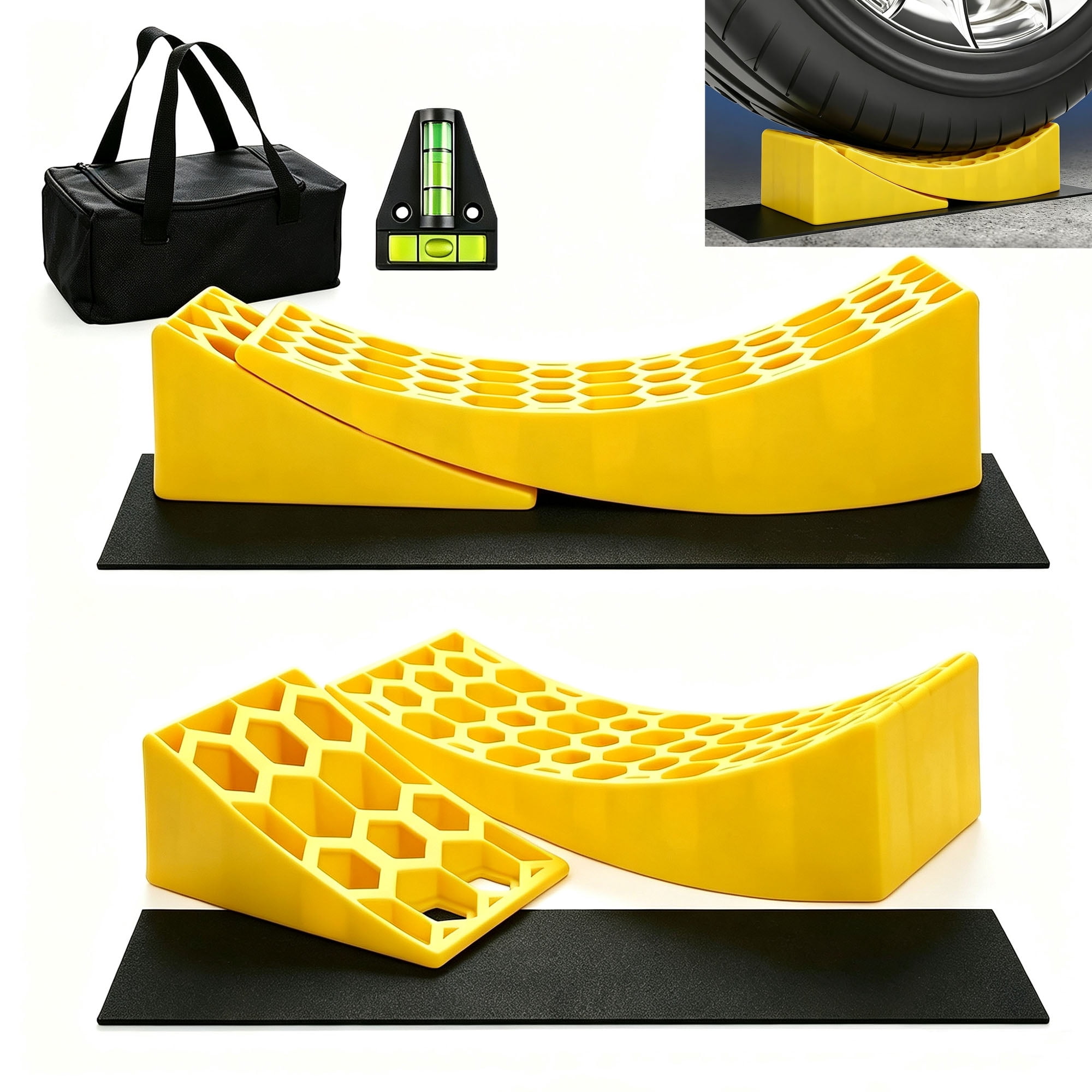 Aiqeek RV Leveling Blocks, 2 Packs RV Leveling System Kit, Up to 35000 LBS, with 2 Yellow Chocks, 2 Non-Slip Mats, 1 Carrying Bag, Easier & Faster to Level Camper