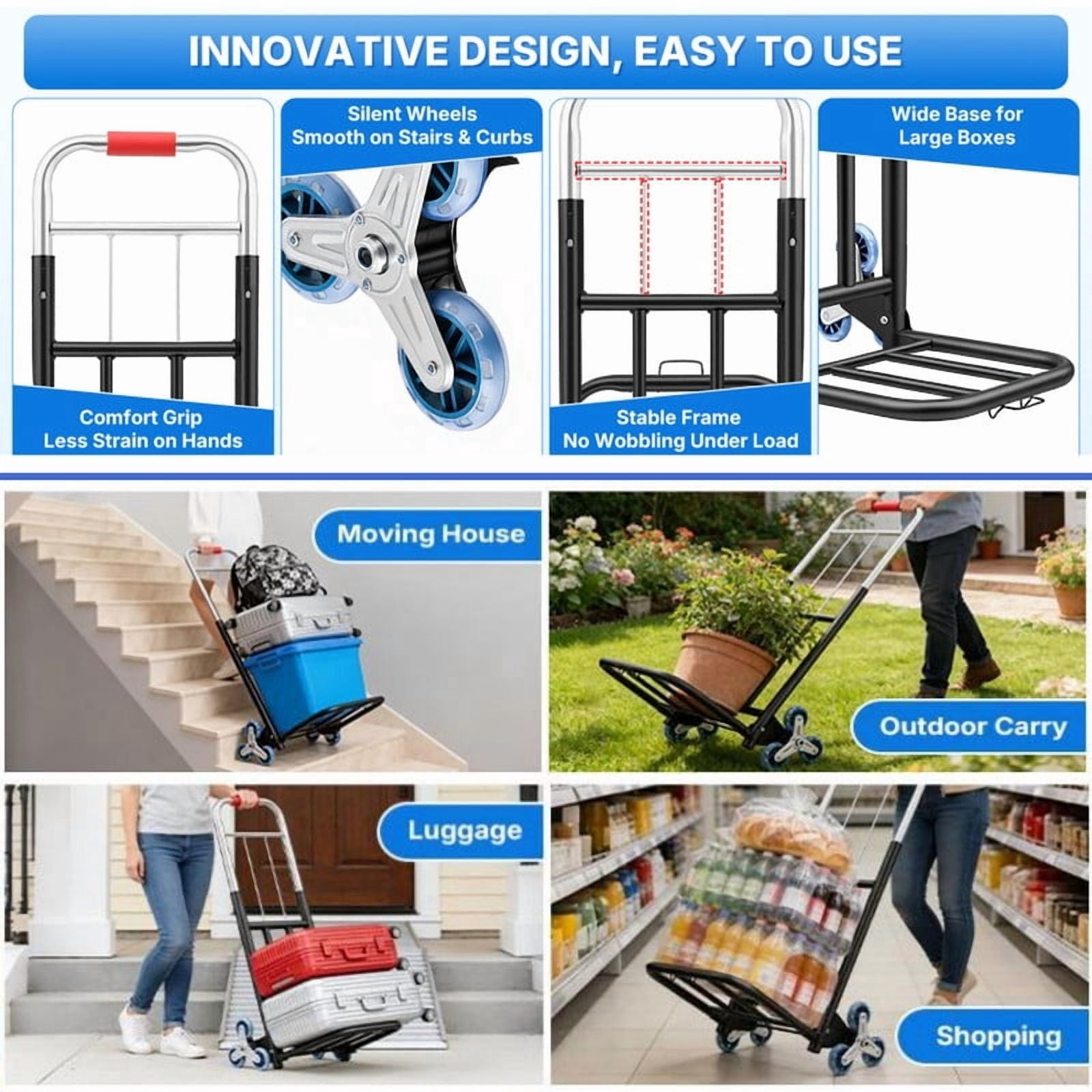 500LBS Capacity Heavy Duty Garden Folding Trolley with Step Crawler Wheels, Stair Climbing Dolly Cart for Warehouse, Shopping