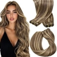 thumbnail image 1 of Sunny Weft Hair Extensions Dark Brown with Caramel Blonde Highlights Human Hair Sew in Extensions Brown Weft Hair Extensions Human Hair Brown Blonde Real Hair Bundle for, 1 of 9
