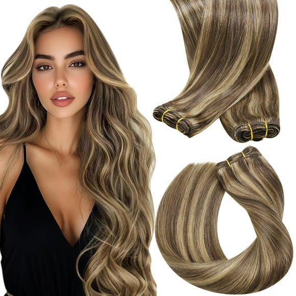 Sunny Weft Hair Extensions Dark Brown with Caramel Blonde Highlights Human Hair Sew in Extensions Brown Weft Hair Extensions Human Hair Brown Blonde Real Hair Bundle for