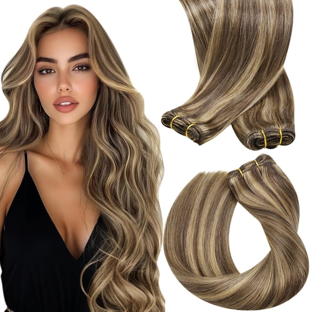 Sunny Weft Hair Extensions Dark Brown with Caramel Blonde Highlights Human Hair Sew in Extensions Brown Weft Hair Extensions Human Hair Brown Blonde Real Hair Bundle for