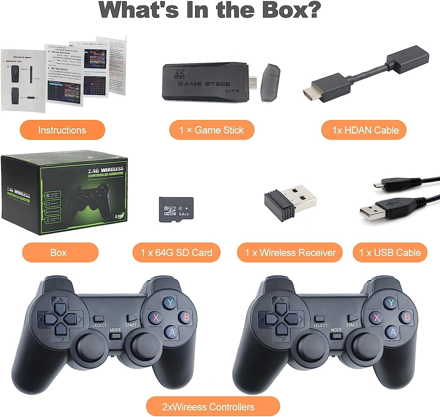 Wireless Retro Game Console, Plug & Play Video TV Game Stick with 20000+ Games Built-in, 9 Emulators, 4K HDMI Nostalgia Stick Game for TV, Dual 2.4G Wireless Controllers (32G/64G/128G)