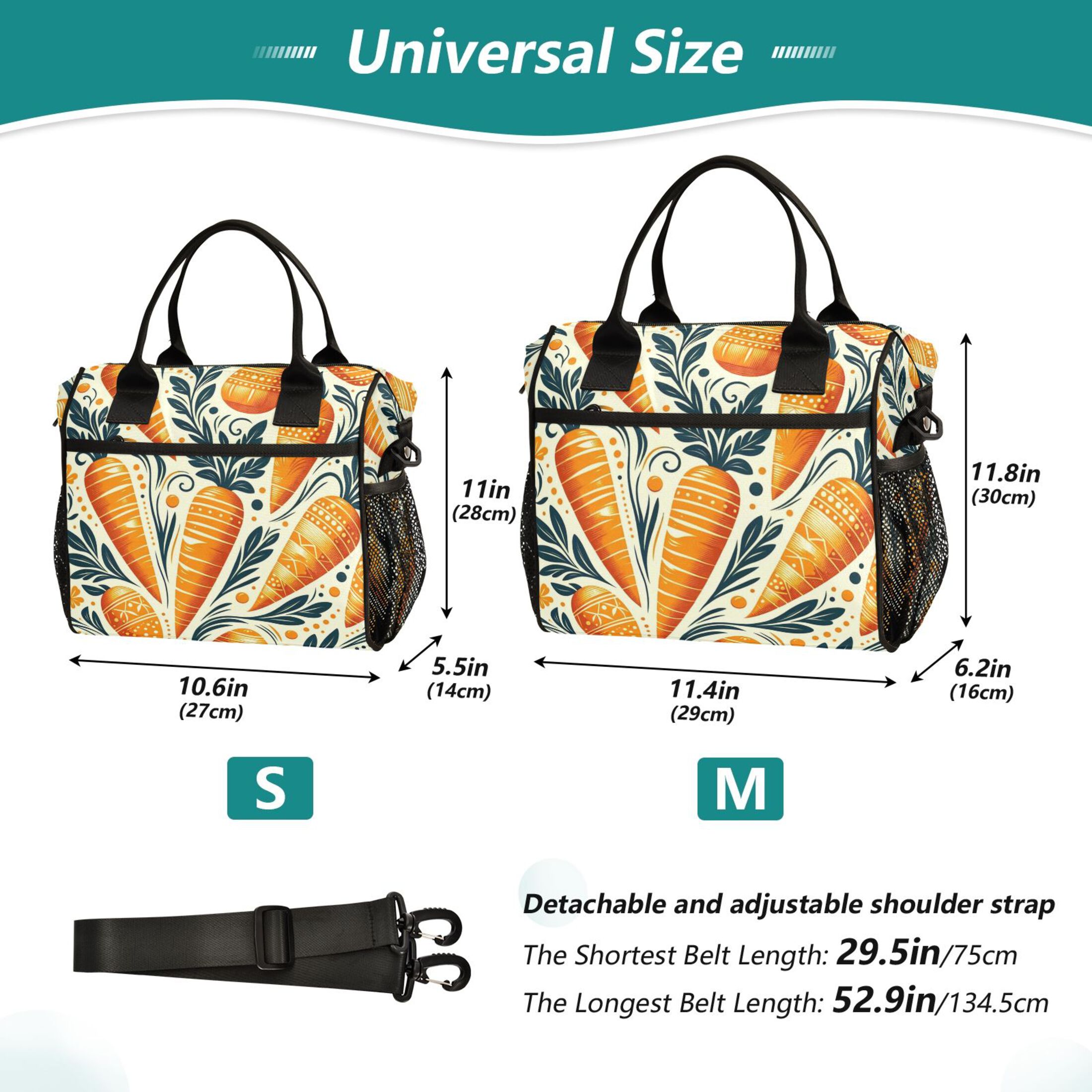 Lunch Bag Insulated Lunch Box Leakproof Reusable Cooler Tote Adjustable Shoulder Strap for Men Women Carrots with Leave and Dots 12L