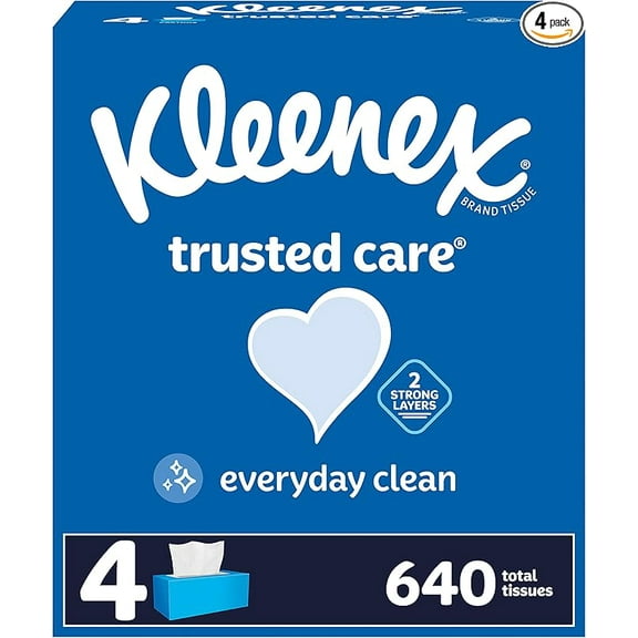 Kleenex Trusted Care Facial Tissues, 4 Flat Boxes, 160 Tissues per Box, 2-Ply (640 Total Tissues)