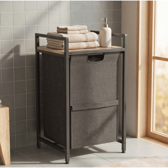 Laundry Hamper Sorter with Top Shelf, Removable Washable Bags and Side Pockets, Storage Organizer for Laundry Room, Bathroom and Dorm