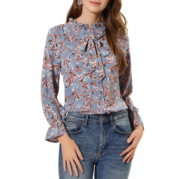 INSPIRAR CHIC Blusa Floral de Manga Larga con Cuello de Volantes y Lazo para Mujeres S Azul